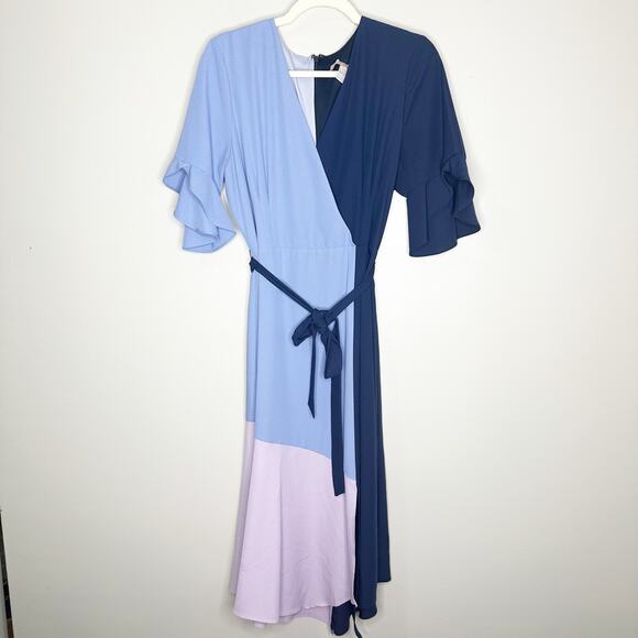 Hutch Womens Dress Ombre Colorblock Wrap V-Neck Flutter Sleeves Blue Pink Size L - Picture 2 of 9
